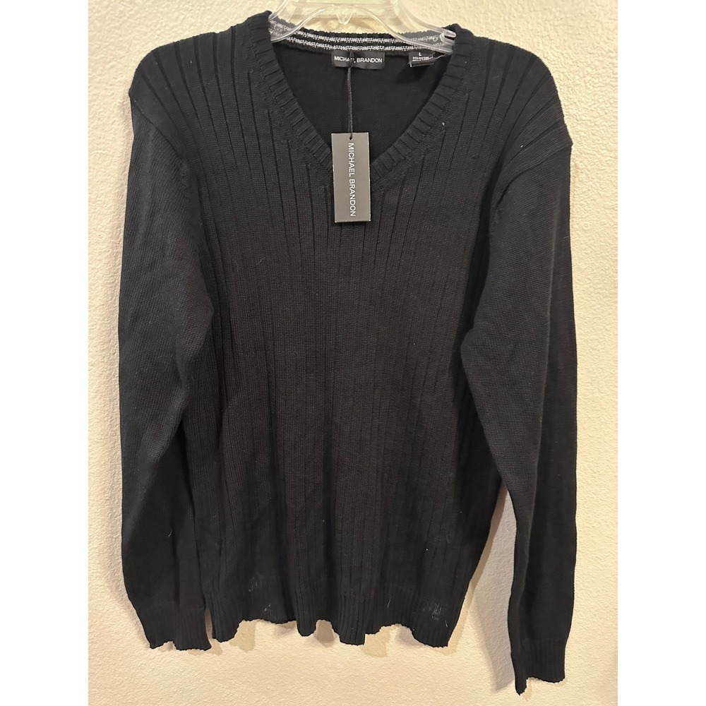 Michael Brandon Mens Black V-Neck Long Sleeve Knit Sweater